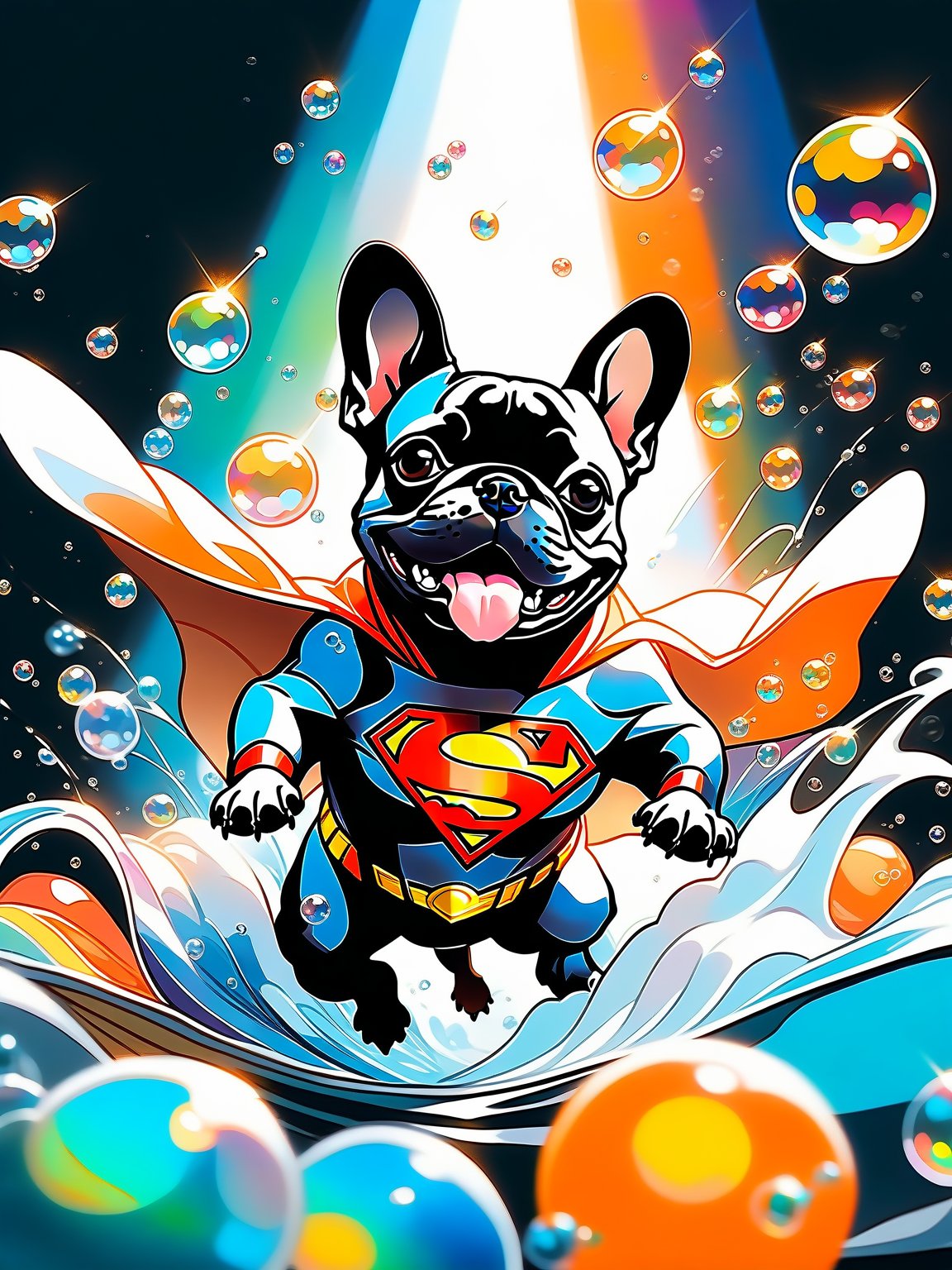  a dog, spring, French bulldog, Fly through the air in a Superman suit, orange_body, laughing, Colorful colors, surrounded by water bubbles, in the style of Kawacy, Masterpiece, Oil painting drawn in anime style, head close - up, exaggerated perspective, Tyndall effect, water drops, mother - of - pearl iridescence, Holographic white, 