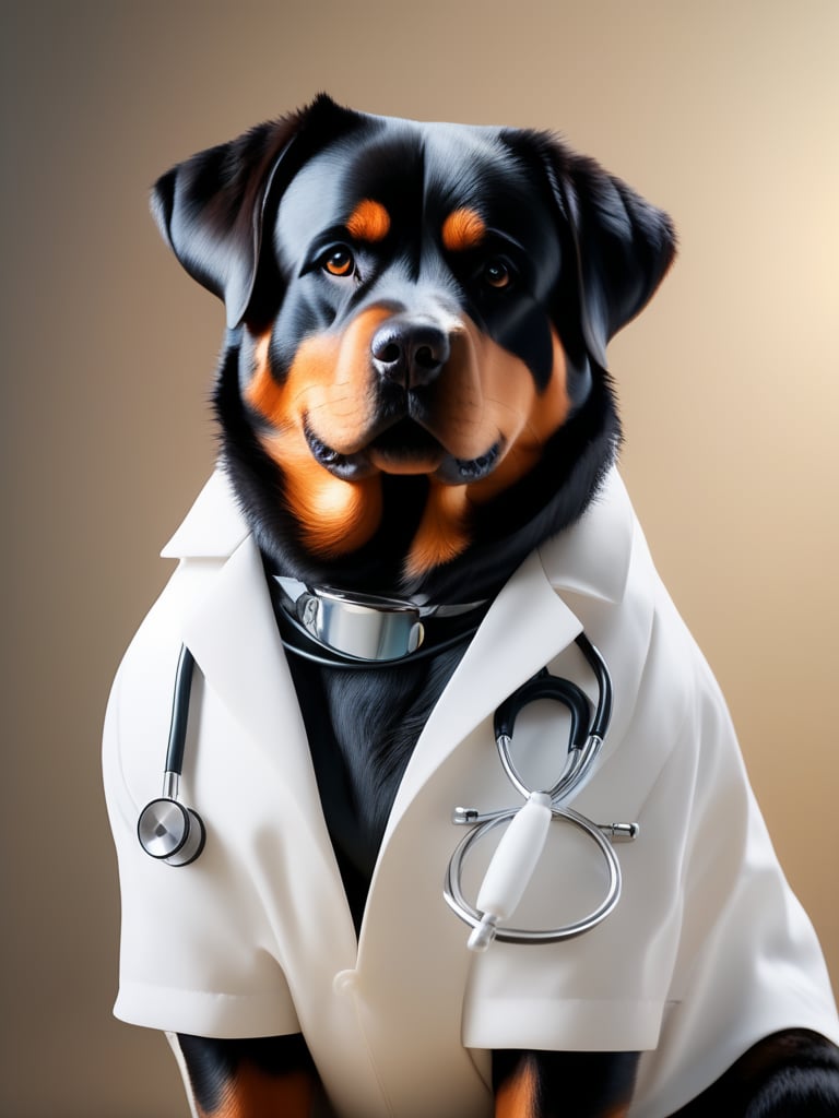 a strong Rottweiler sporting a crisp white lab coat and stethoscope, extremely realistic, warm light, ultra high quality down to the hairs, 8k, full HD, very high detail, 