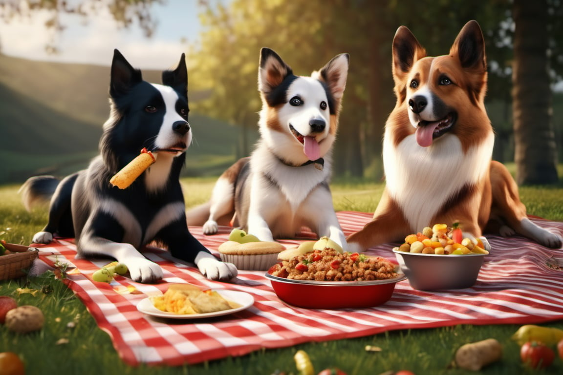 8k, best high quality, masterpiece:1.4), (realistic, photo-realistic:1.37),  dogs make a mess of picnic food on the ground. food spilled all around