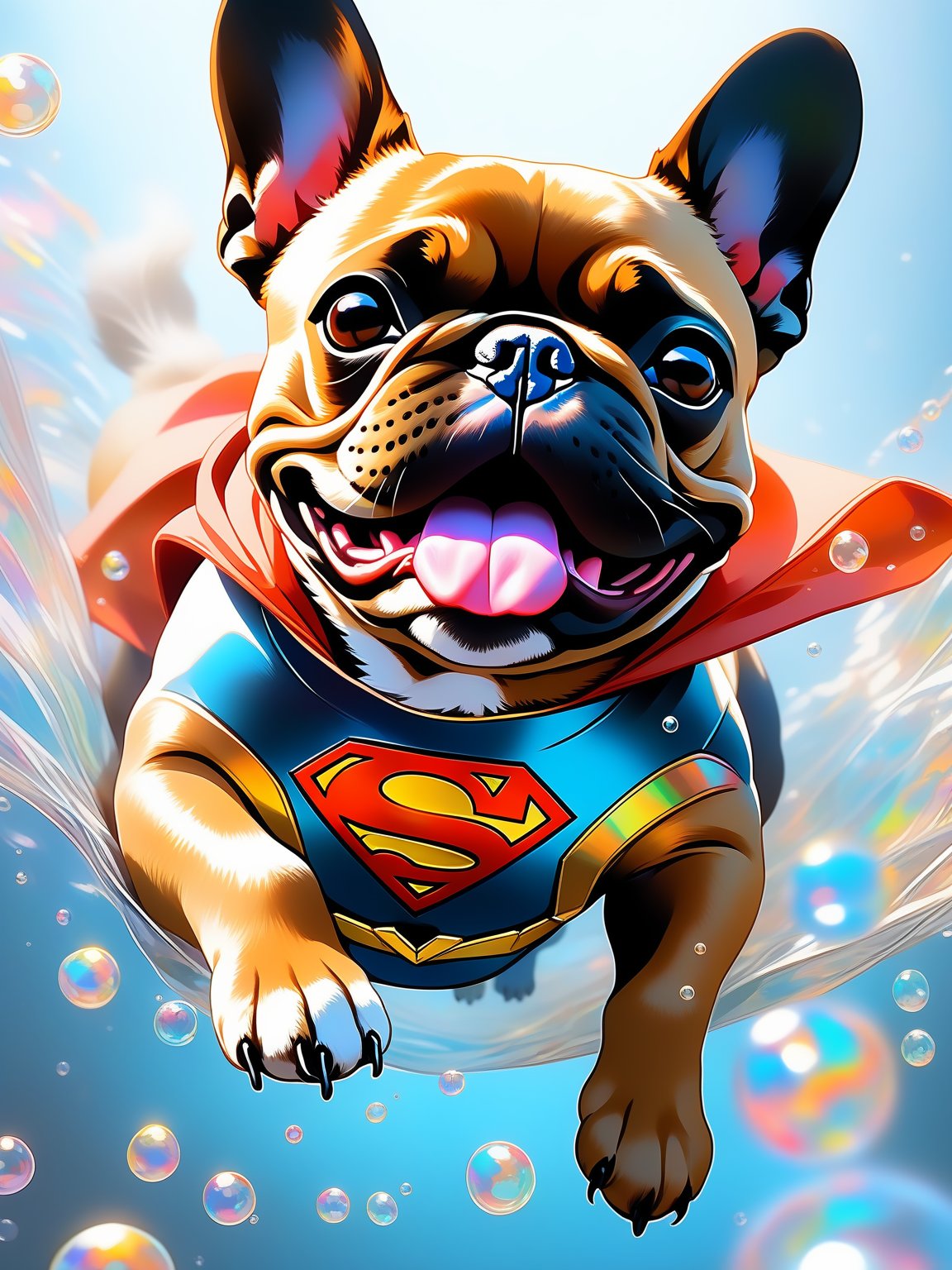  a dog, spring, French bulldog, Fly through the air in a Superman suit, orange_body, laughing, Colorful colors, surrounded by water bubbles, in the style of Kawacy, Masterpiece, Oil painting drawn in anime style, head close - up, exaggerated perspective, Tyndall effect, water drops, mother - of - pearl iridescence, Holographic white, 