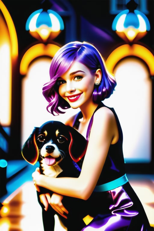  [full-length portrait] [European female fashion model aged 8-23 years hugging a dog] [dressed like an art deco style] [laughing] [purple hair] [hugging the dog] [Photo taken in front of a Luxury mansion] [type of illumination: backlight], extremely realistic, 8k, insane details, intricate details, beautifully color graded, Color Grading, Editorial Photography, Photography, Bokeh, taken with a 60mm lens, ISO 300, f/4, 1/200th --ar 2:3