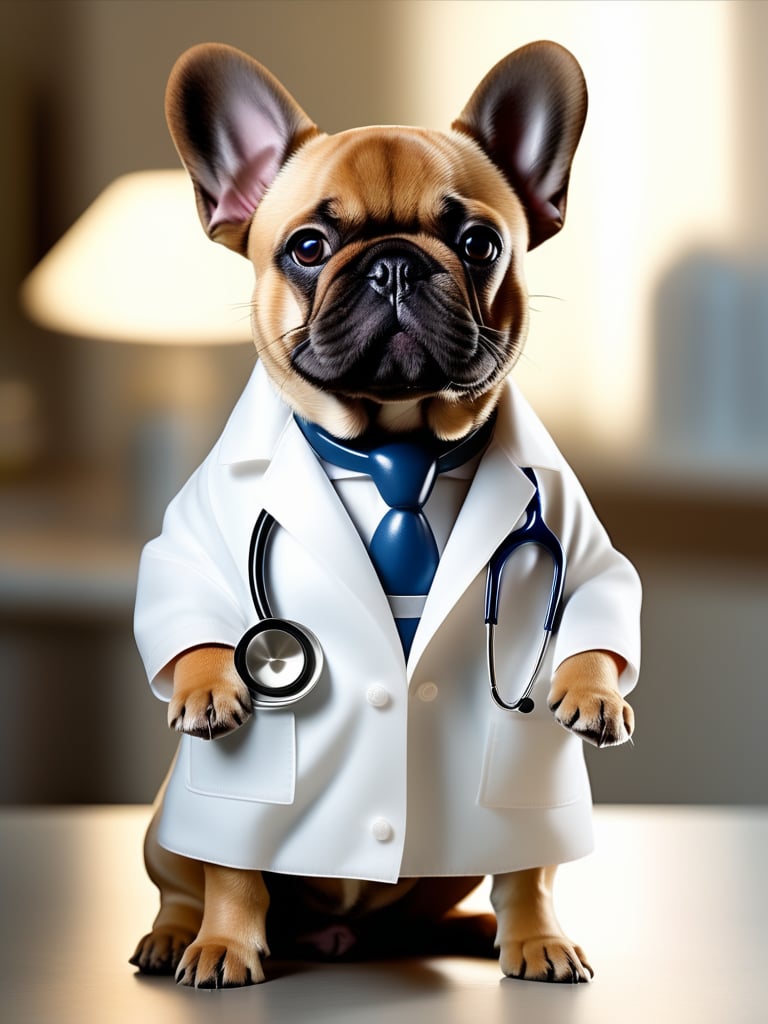 a lovable French Bulldog sporting a crisp white lab coat and stethoscope, extremely realistic, warm light, ultra high quality down to the hairs, 8k, full HD, very high detail, 