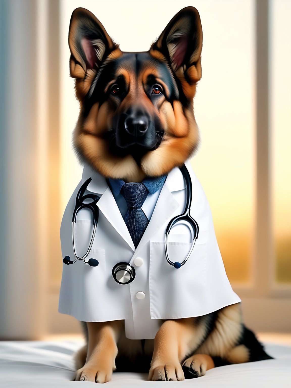 a lovable German Shepherd sporting a crisp white lab coat and stethoscope, extremely realistic, warm light, ultra high quality down to the hairs, 8k, full HD, very high detail, 