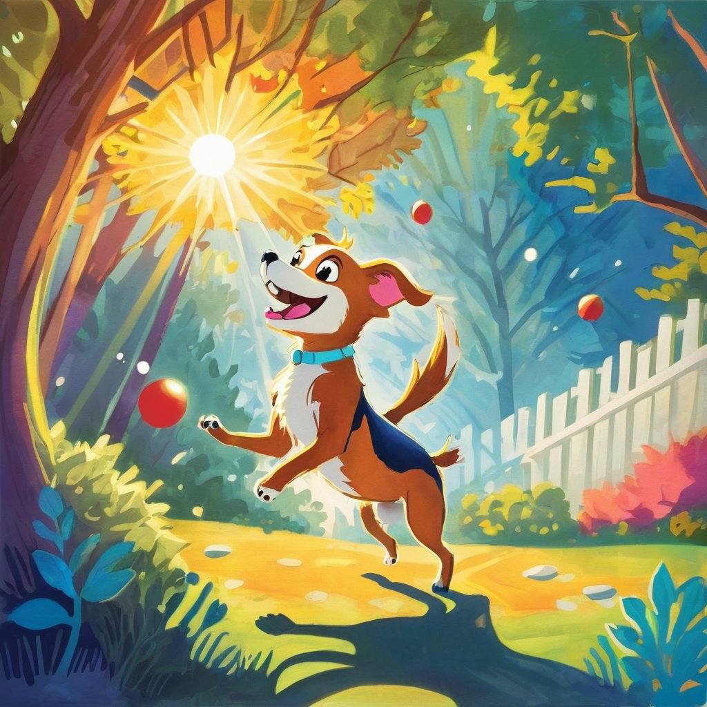 (( a mischievous dog relieves itself:1.5)), A humorous moment is captured as a mischievous dog playfully relieves itself in a charming backyard setting. Sunlight filters through the trees, creating dappled patterns on the grass. The atmosphere is carefree and lighthearted, with a touch of naughtiness. Illustrated in a whimsical style with vibrant colors and exaggerated shapes. --v 5 --stylize 1000