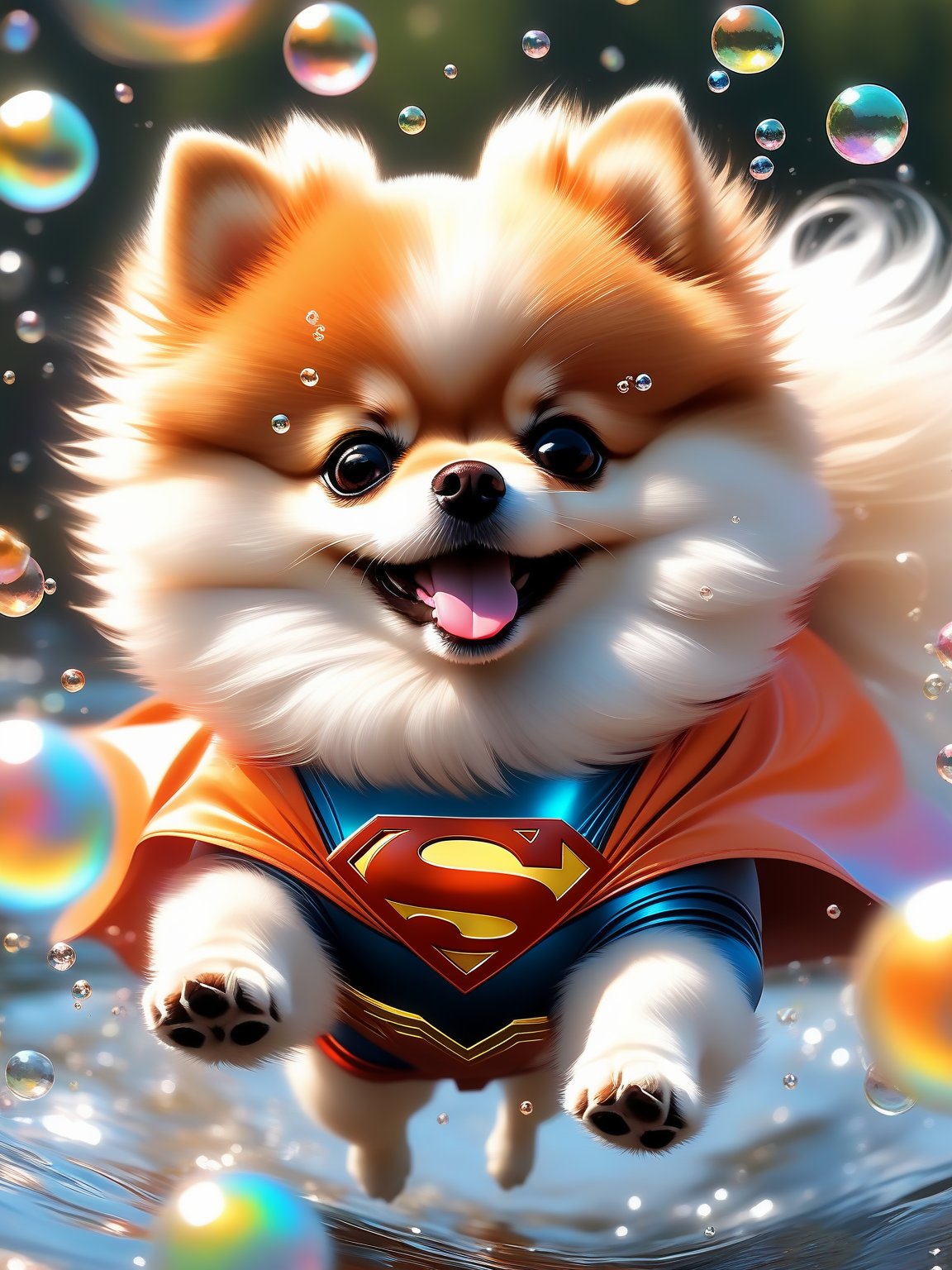  a dog, spring, Pomeranian, Fly through the air in a Superman suit, orange_body, laughing, Colorful colors, surrounded by water bubbles, in the style of Kawacy, Masterpiece, Oil painting drawn in anime style, head close - up, exaggerated perspective, Tyndall effect, water drops, mother - of - pearl iridescence, Holographic white, 