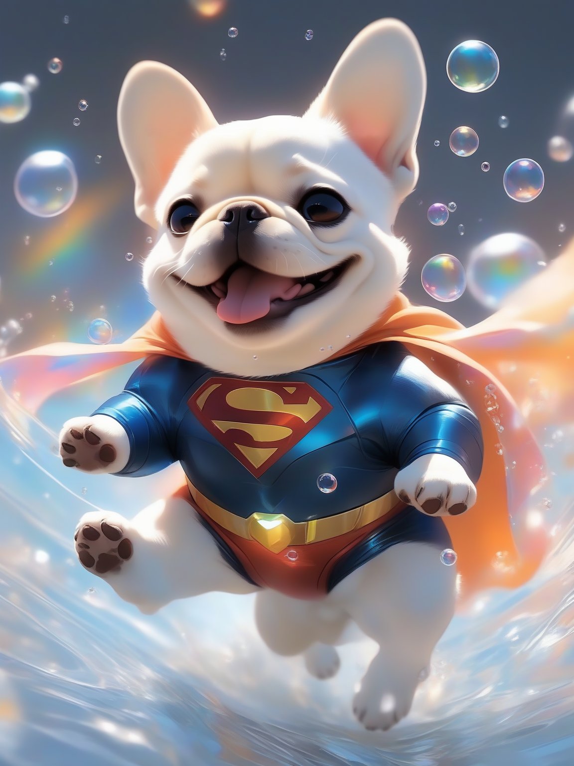  a dog, spring, French bulldog, Fly through the air in a Superman suit, orange_body, (( laughing:1.8)), Colorful colors, surrounded by water bubbles, in the style of Kawacy, Masterpiece, Oil painting drawn in anime style, head close - up, exaggerated perspective, Tyndall effect, water drops, mother - of - pearl iridescence, Holographic white, 