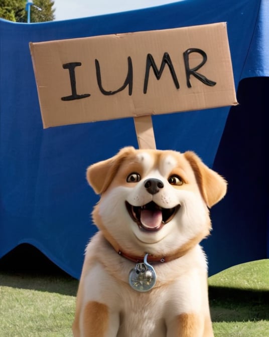 a dog standing and laughing, (((( a dog holding a cardboard sign saying " ILUMR "))))