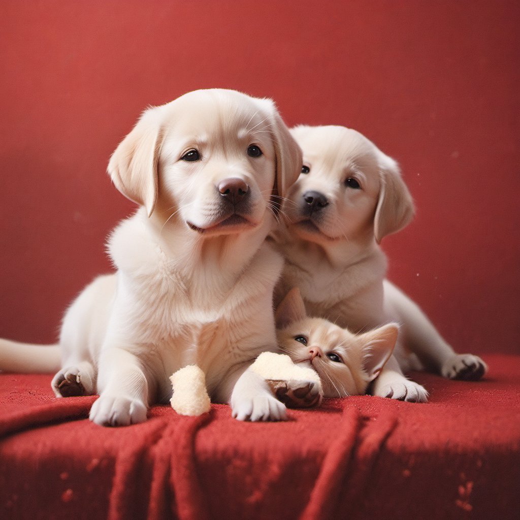 Xxmix_Catecat, three Labrador Retrievers, 
 playing, red theme,