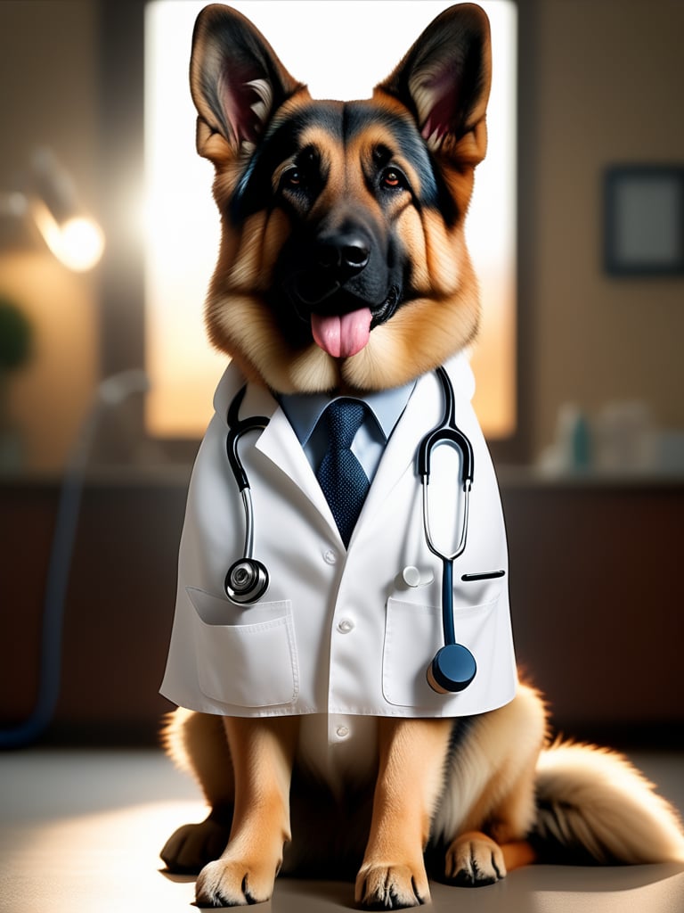 a lovable German Shepherd sporting a crisp white lab coat and stethoscope, extremely realistic, warm light, ultra high quality down to the hairs, 8k, full HD, very high detail, 