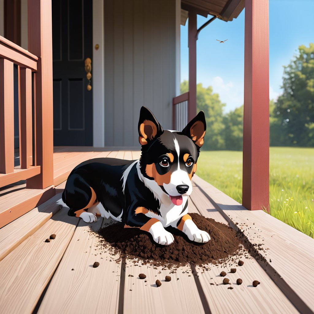 (((the dog defecate on the porch:1.4))), a few flies flew around the pile of dog poop