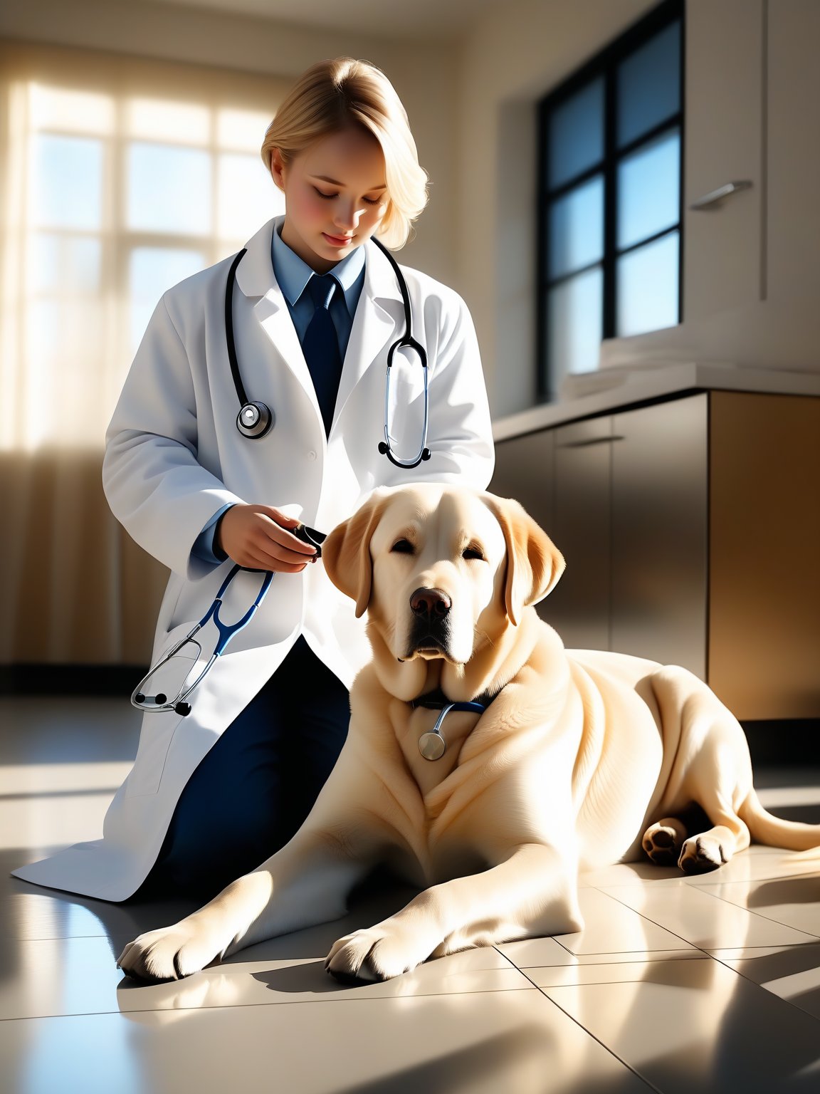 (a lovable Labrador Retriever sporting a crisp white lab coat and stethoscope:1.4),
(a lovable Labrador Retriever asleep on the floor:1.6),
(8k, best high quality, masterpiece:1.4), 
(realistic, photo-realistic:1.37), 
an environment with sunlight dancing through windows, 
trailing gold across the floor,
beautiful hair, blue, cinematic, neoprene, Behance contest winner, 
portrait featured on Unsplash, stylized digital art, smooth.