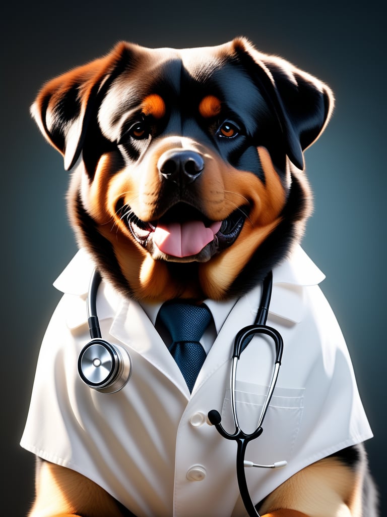 a strong Rottweiler sporting a crisp white lab coat and stethoscope, extremely realistic, warm light, ultra high quality down to the hairs, 8k, full HD, very high detail, 