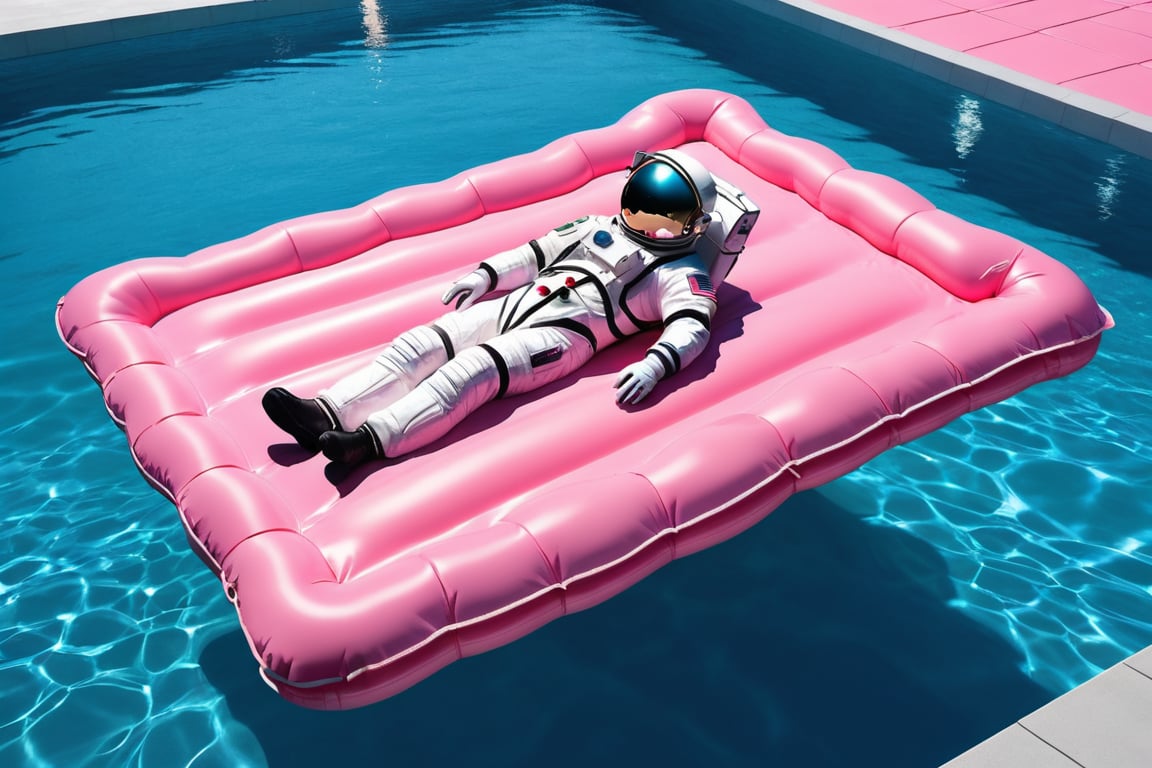 , Astronaut lying on a pink floating mattress in a pool with blue water and nenuphars, in the style of the creator of the installation, August von Pettenkofen, long distance and deep distance, outdoor scenes, Jonathan Wolstenholme, Adventure Theme T, dreamlike,