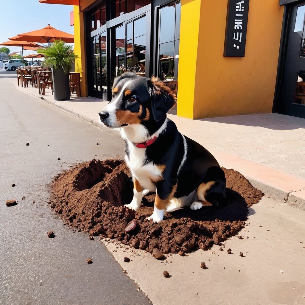 (((the dog defecate in front of the restaurant:1.8))), The pile of feces is covered by flies