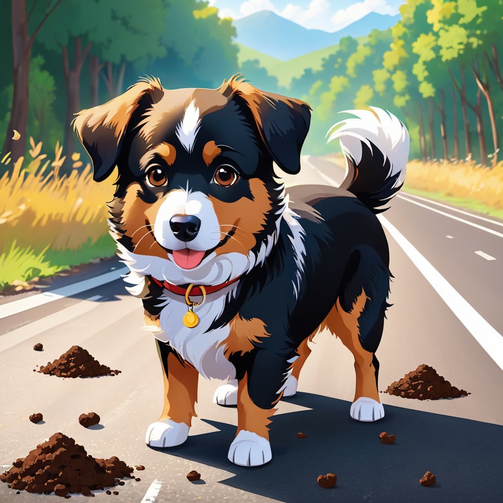 (((the Dog pooping on the side of the road:1.8))), a dog defecates on the side of the road, its piles of dung are covered in flies