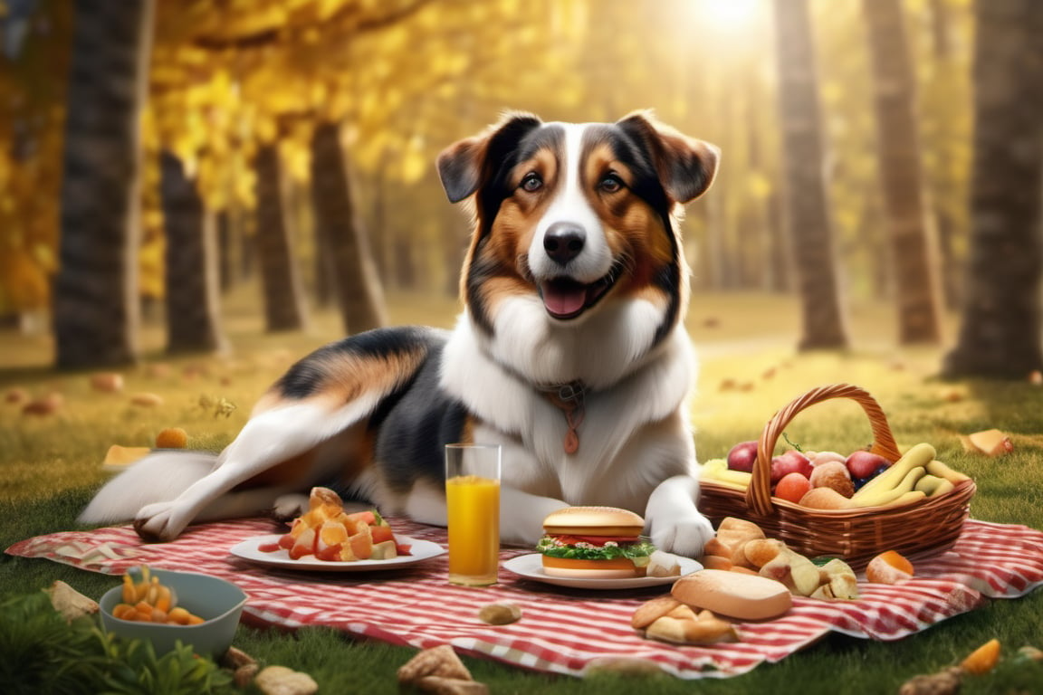 8k, best high quality, masterpiece:1.4), (realistic, photo-realistic:1.37),  dogs make a mess of picnic food on the ground. food scattered around