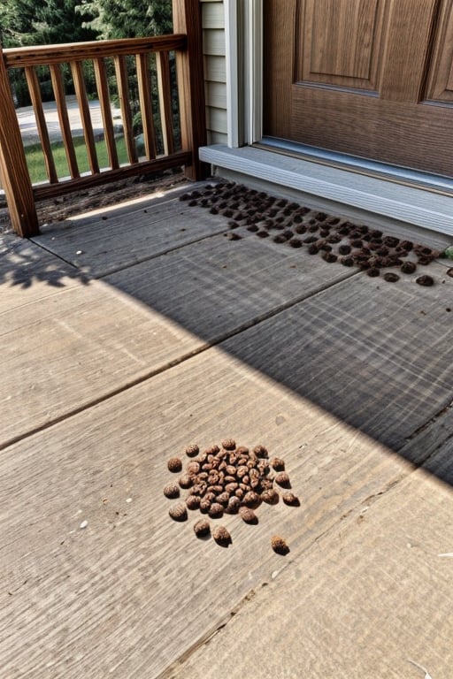 there was a little pile of dog poop on the porch:1.4), a few flies flew around the pile of dog poop