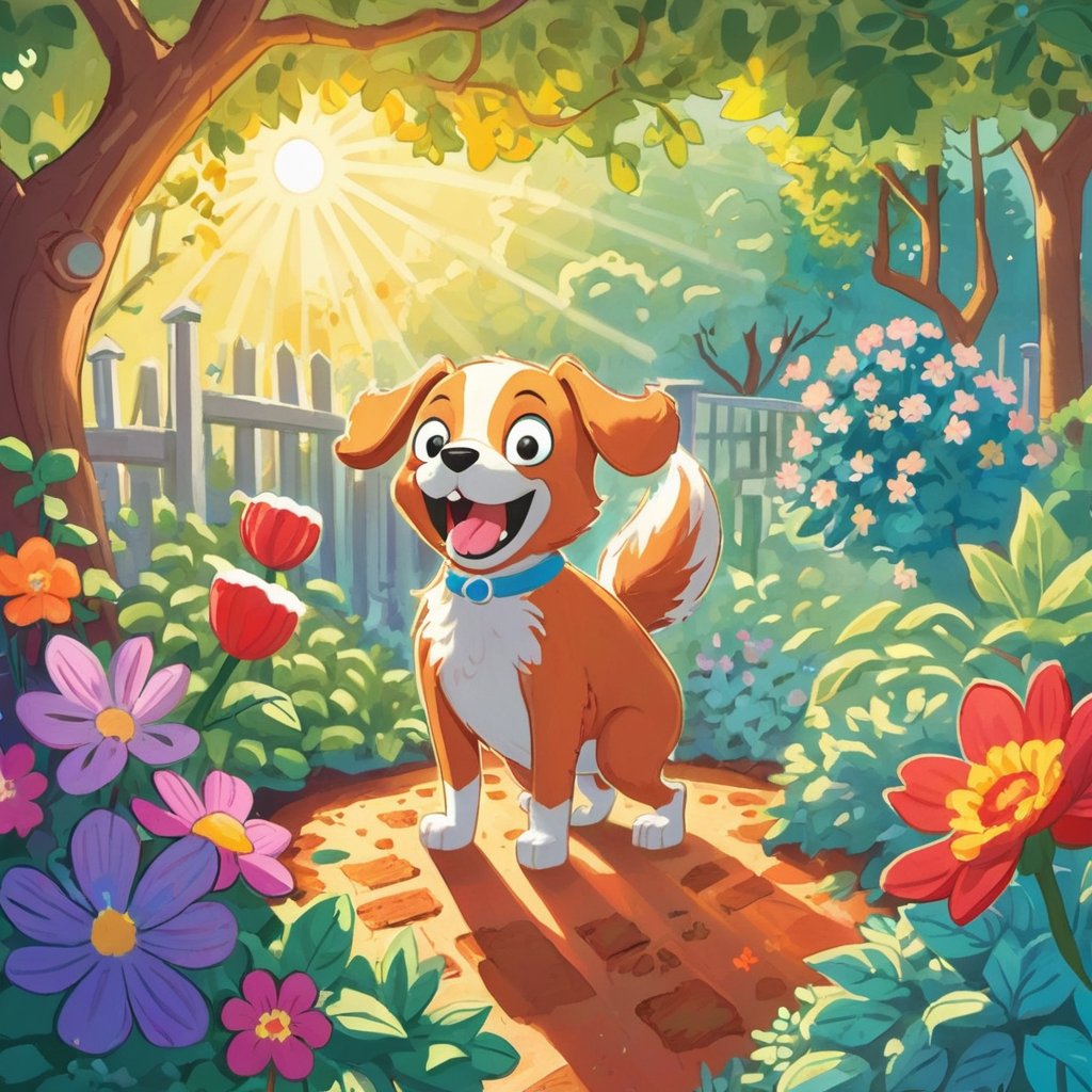 ((Funny Dog Pooping in Garden:1.5)), A humorous moment is captured as a mischievous dog playfully relieves itself in a charming backyard setting. Sunlight filters through the trees, creating dappled patterns on the grass. The atmosphere is carefree and lighthearted, with a touch of naughtiness. Illustrated in a whimsical style with vibrant colors and exaggerated shapes. --v 5 --stylize 1000