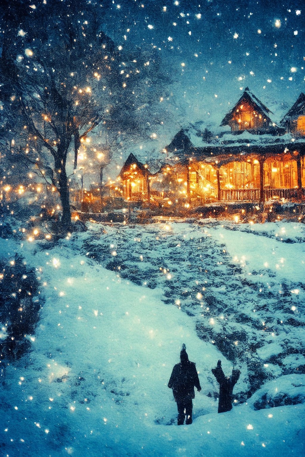 , (masterpiece:1.2), best quality,midjourney,falling_snow, snowing, lonely house with lights, christmas lights