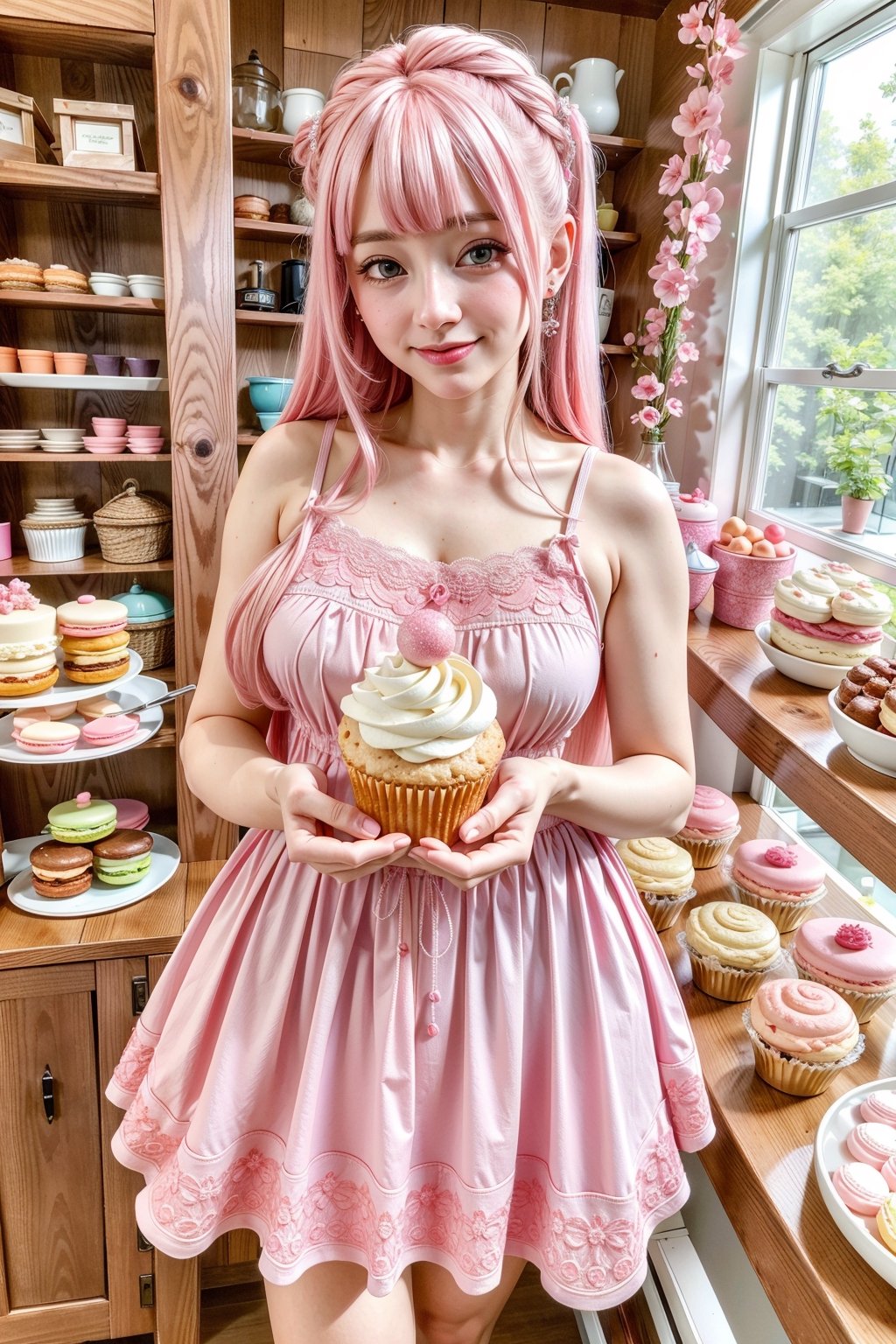 (masterpiece,  best quality,  highres:1.3), ultra resolution image,  (1girl),  (solo),  kawaii, pink hair, blue, (sweet charm:1.4),  pies,  fresh baked bread, macarons, wooden shelves with cupcakes, bakery, shop, scenery, soft, cozy, glitter,Kanna Kamui, 