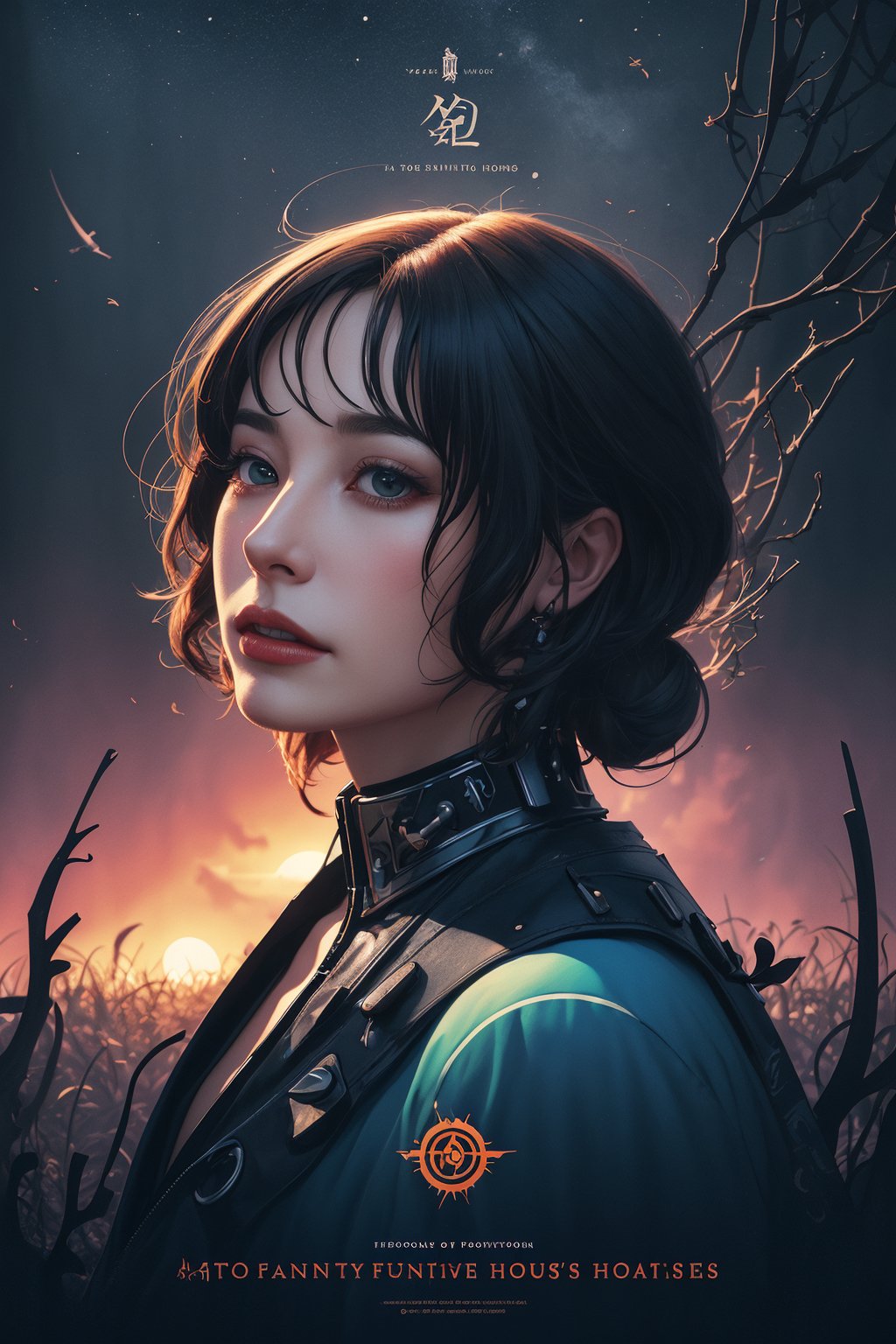 a colorful digital artwork of a woman's head and branches, in the style of haunting houses, graceful surrealism, depictions of urban life, dark sky-blue and orange, portraitures with hidden meanings, caricature-like illustrations, metropolis meets nature --ar --s 750 --niji 5 cat with a kung fuu stance in a field with sunsetin background infographic with illustrations,psychedelic, by victo ngai, kilian eng rainbow colours, dynamic lighting, digital art, winning award masterpiece, fantastically beautiful, illustration, aesthetically style of Stephan Martiniere, beksinski , trending on artstation, art by greg rutkowski, 8 k