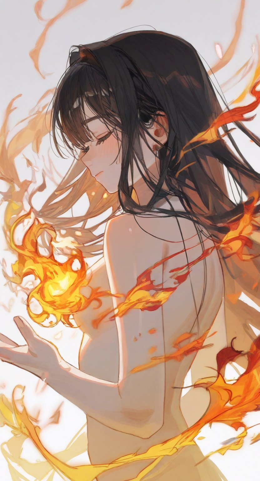 1girl, closed eyes, fire, solo, realistic, shiny skin, color grading, toon shading, ningen_mame, ciloranko, manhwa, masterpiece, depth of field, clean color, white background, best quality, amazing quality, very aesthetic, best details, highres, absurdres, score_9, score_8_up, score_7_up