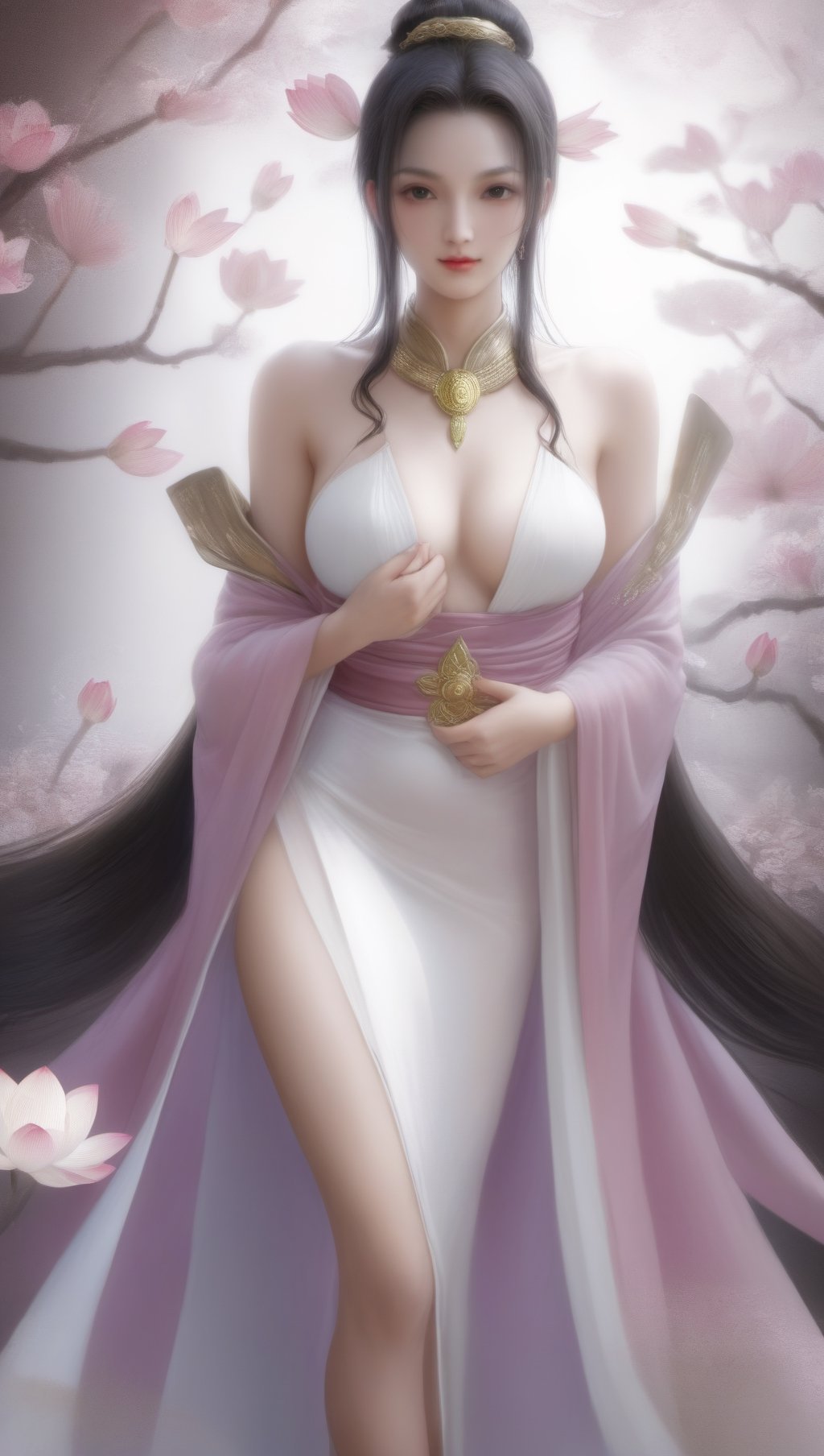 SakimiStyle, masterpiece, best illustration, 8k ultra detailed wallpaper unity engine, 1girl, full body shot of Guan Yin, sheer clothes, lotus, see_through