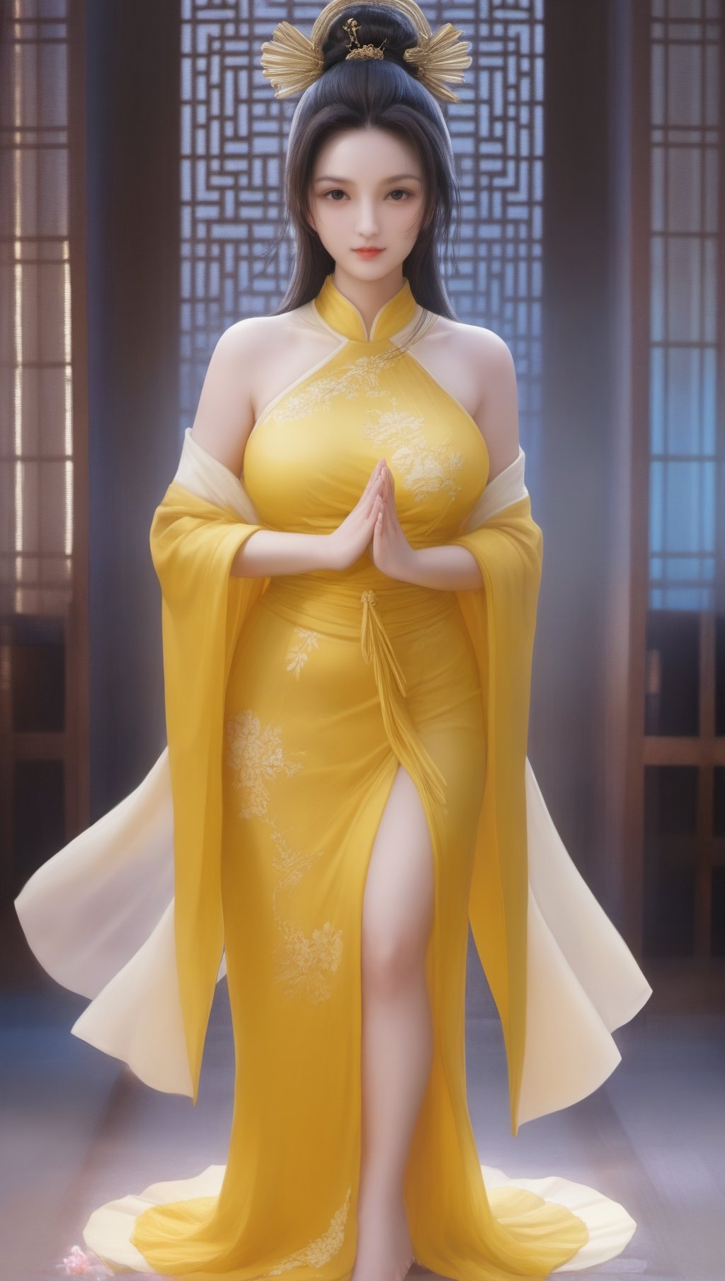 SakimiStyle, masterpiece, best illustration, 1girl, Guan Yin, sheer clothes, see_through