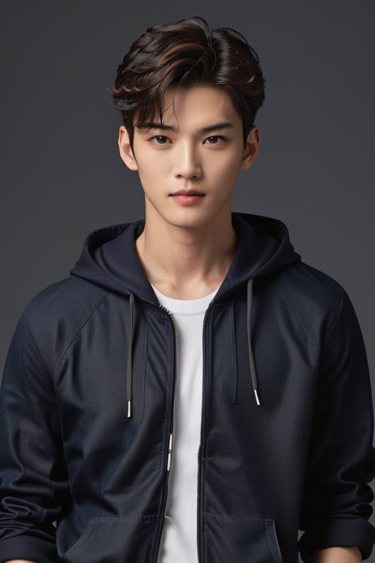 A masterpiece of a young man stands proudly before us. He wears a black, unzipped hoodie with a white shirt beneath, rolled-up sleeves showcasing toned arms, with dark navy skinny jeans and a pair of sneakers. His short, comma-shaped hair is jet black, framing his square jaw and striking amber eyes. The pupils are sharp and realistic, taking center stage amidst the dark fantasy backdrop. A hint of half-Korean, half-German heritage shines through in his features. The model's 26 years old, yet exudes a sense of maturity and confidence.