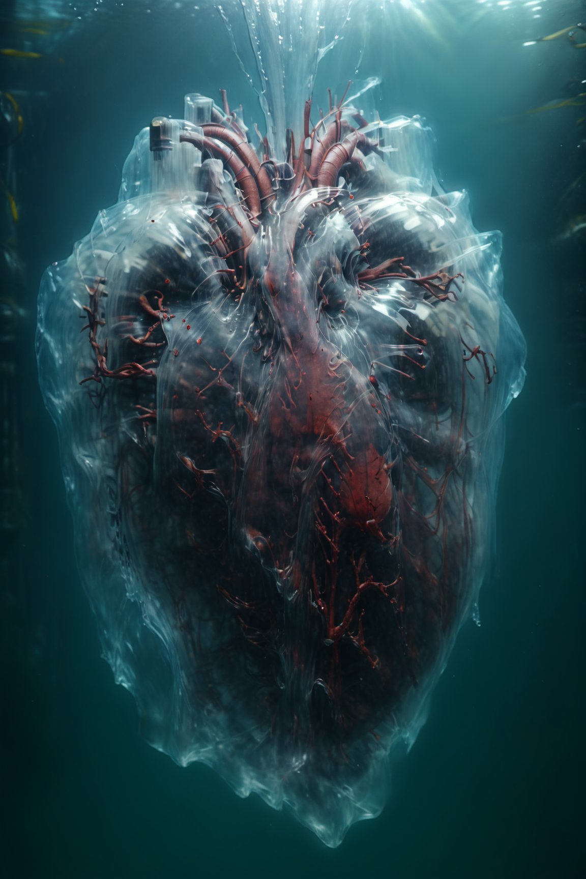 biomechanical heart, veins, blooding , underwater ice,  Ultra realistic, , realistic . 64k. masterpiece, heart blooding, eletric veins, cinema style, under water, connection love , detailed photo, Arnold render, 16K,cyborg style,biopunk style,Movie Still