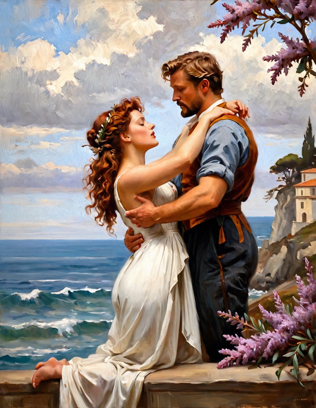 painting with an image of a girl and man , (lyomsnpmp) (style), in the style of italian art, kiss neck,  background sea  heather theurer, romaticism art style  figures, raw style , in the style of michelangelo ,art by sargent,painting