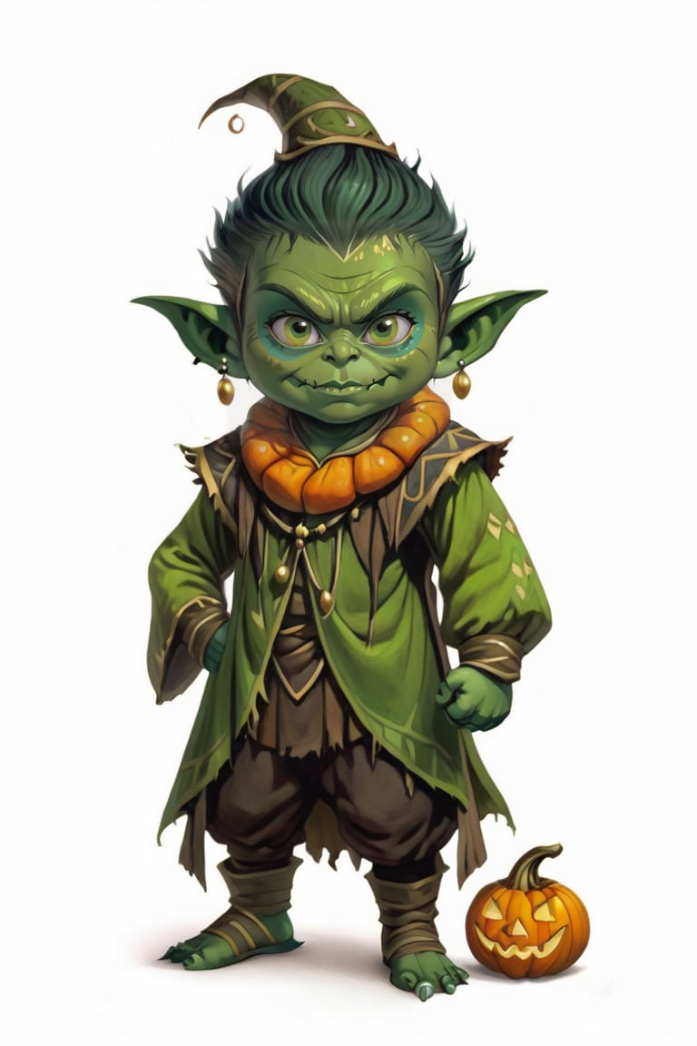 portrait of green skin goblin small baby toddler shaman with halloween pumpkin clothes, (green skin:1.5), full shot (FS), ((full body with legs)), standing, looking straight, | (white background:1.2), simple background |, medieval, pastel muted colors, digital art, 8K resolution, ultra quality, Watercolor, trending on artstation, intricate details, highly detailed