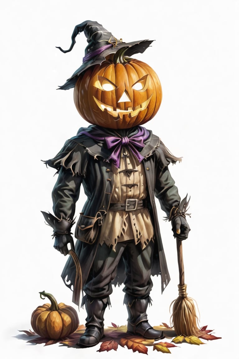 portrait of pumpkin head monster with halloween wooden scarecrow, (warm filter:1.5) full shot (FS), ((full body with legs)), standing, looking straight, | (white background:1.2), simple background |, medieval, pastel muted colors, digital art, 8K resolution, ultra quality, Watercolor, trending on artstation, intricate details, highly detailed