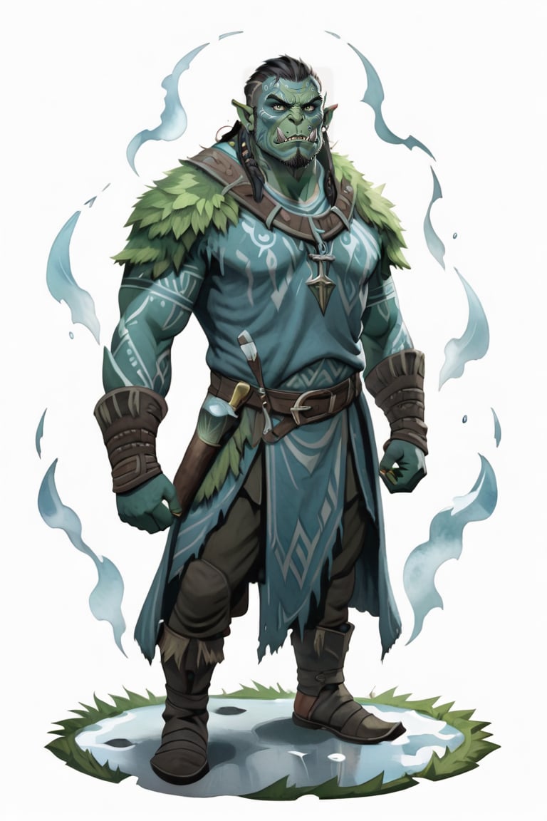 masterpiece of a scene depicting (green skin:1.5) a male orc miner standing on round grass pavement, ((((tribal tattoos)))), (frost ice blue medieval clothes))), inspired by Nordic folklore and Norse mythology, Frightening, Atmosphere magic, full shot (FS), ((full body with legs)), standing, looking straight, | (white background:1.2), simple background |, medieval, pastel muted colors, digital art, 8K resolution, ultra quality, Watercolor, trending on artstation, intricate details, highly detailed