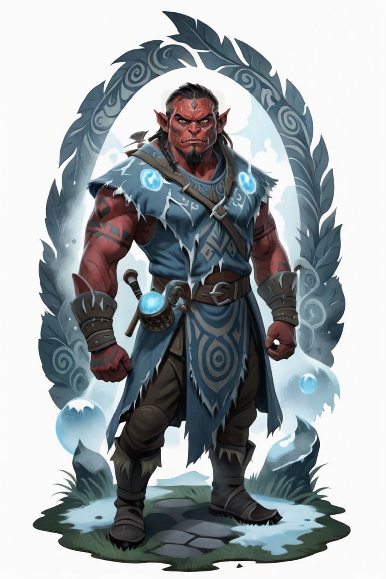 masterpiece of a scene depicting (red skin:1.5) a male orc miner standing on round grass pavement, ((((tribal tattoos)))), (frost ice blue medieval clothes))), inspired by Nordic folklore and Norse mythology, Frightening, Atmosphere magic, full shot (FS), ((full body with legs)), standing, looking straight, | (white background:1.2), simple background |, medieval, pastel muted colors, digital art, 8K resolution, ultra quality, Watercolor, trending on artstation, intricate details, highly detailed