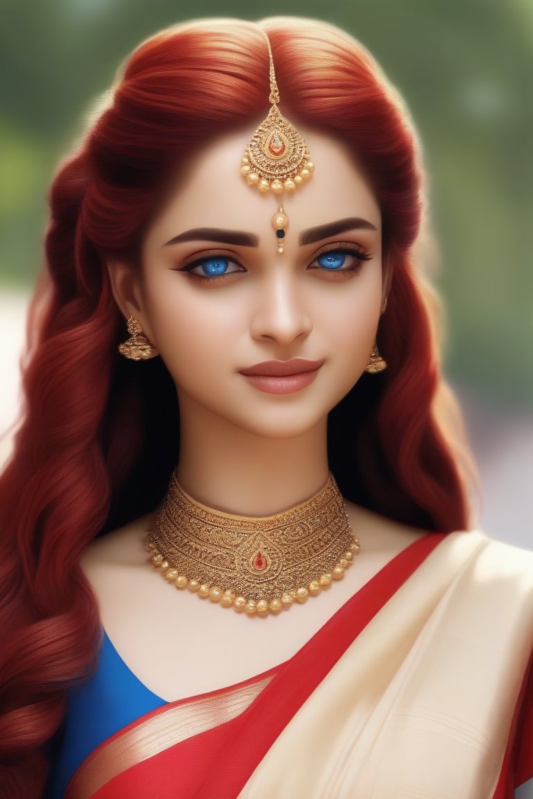 Illustration of a beautiful woman BREAK long (red) hair, (braids) BREAK blue eyes BREAK perky breasts BREAK wearing Saree BREAK red heels, photorealistic, UHD, 8K