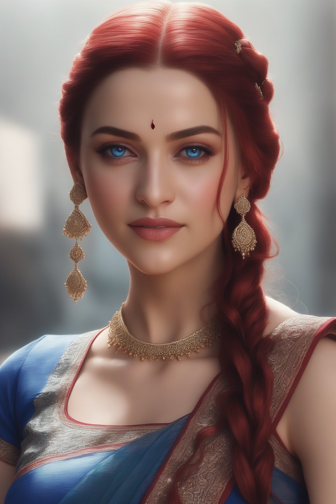 Illustration of a beautiful woman BREAK long (red) hair, (braids) BREAK blue eyes BREAK perky breasts BREAK wearing Saree BREAK red heels, photorealistic, UHD, 8K