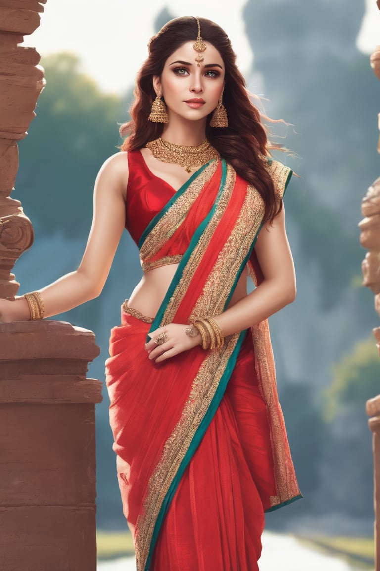 Illustration of a beautiful woman BREAK long (red) hair, (braids) BREAK blue eyes BREAK perky breasts BREAK wearing Saree BREAK red heels, photorealistic, UHD, 8K