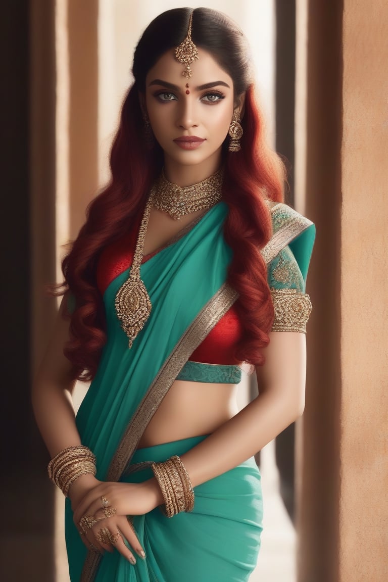 Illustration of a beautiful woman BREAK long (red) hair, (braids) BREAK blue eyes BREAK perky breasts BREAK wearing Saree BREAK red heels, photorealistic, UHD, 8K