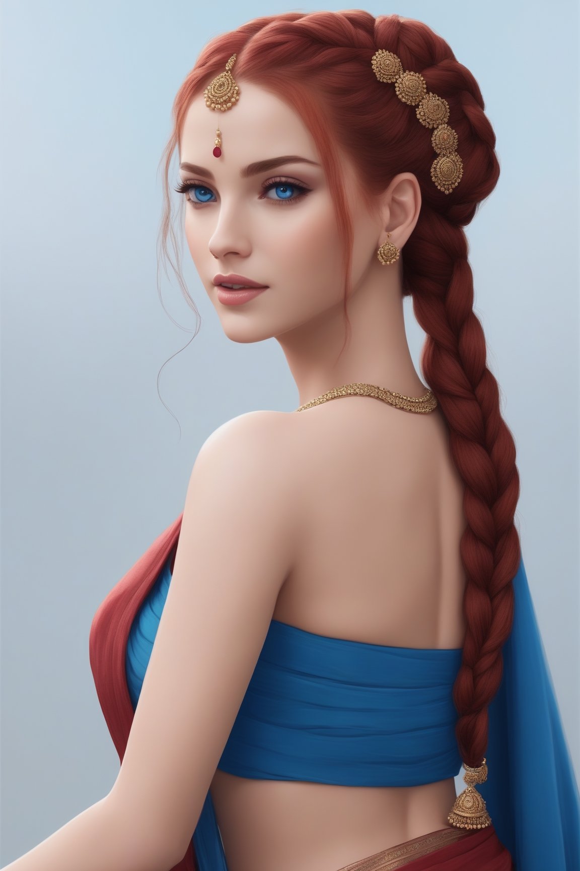 Illustration of a beautiful woman BREAK long (red) hair, (braids) BREAK blue eyes BREAK perky breasts BREAK wearing Saree BREAK red heels, photorealistic, UHD, 8K