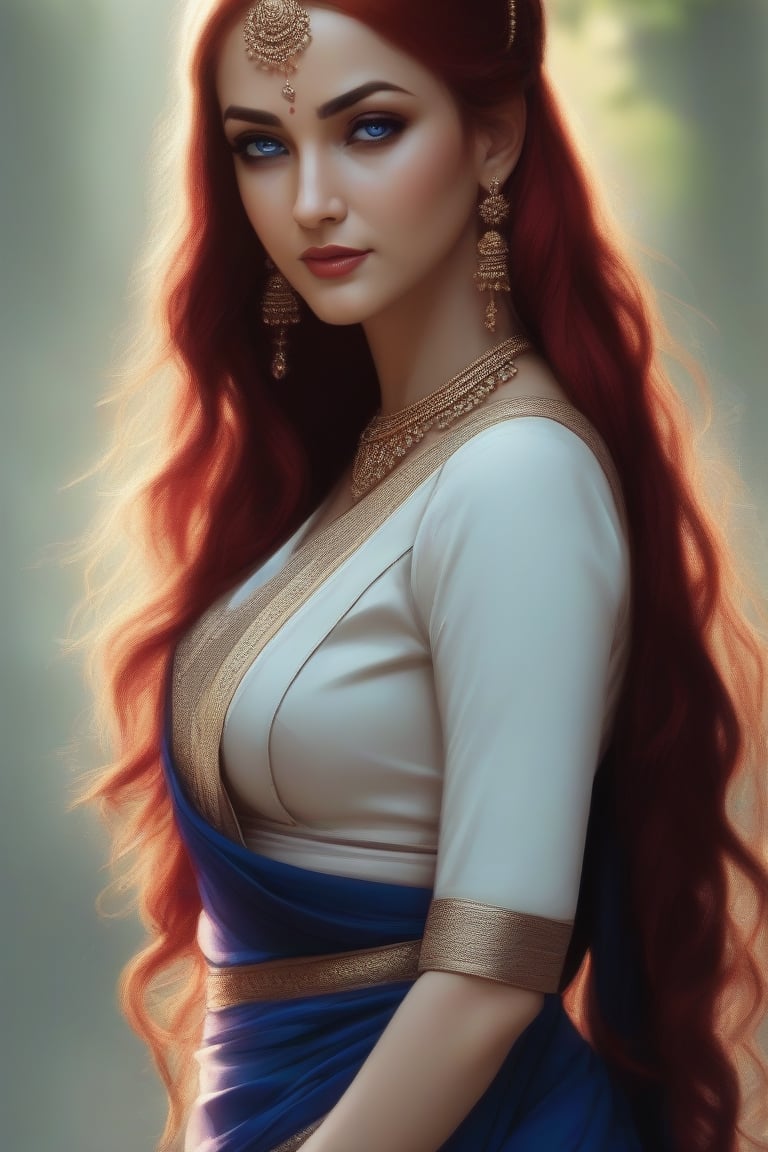 Illustration of a beautiful woman BREAK long (red) hair, (braids) BREAK blue eyes BREAK perky breasts BREAK wearing Saree BREAK red heels, photorealistic, UHD, 8K