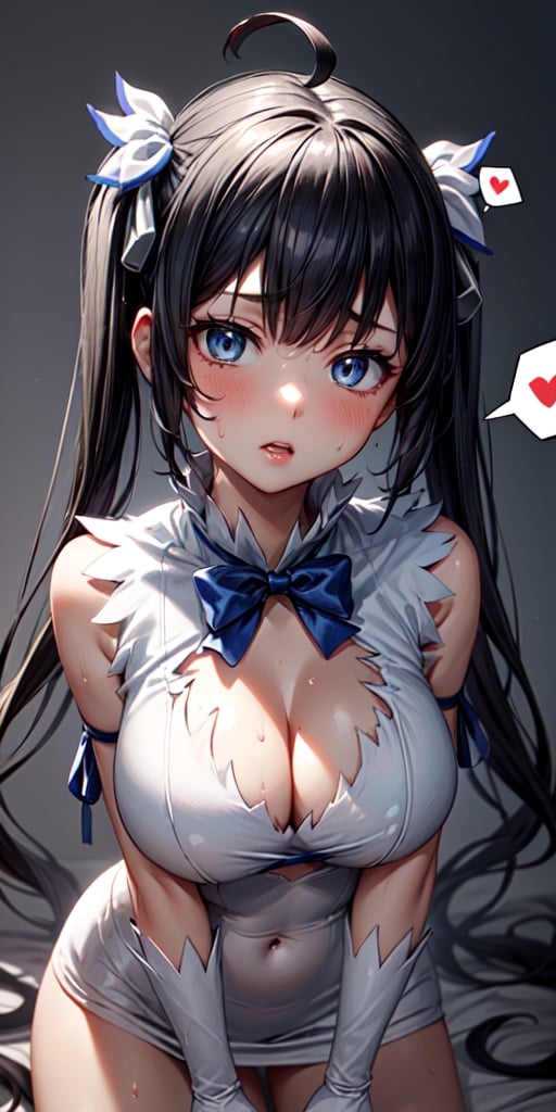 masterpiece,  beautiful,  extremely detailed face, ,,
(spoken hearts:1.2),(sweat:1.2),(deep breathe:1.2),,
1girl, female masturbation, solo, masturbation through clothes, , , , hand under shirt,
,, hestia (danmachi),, long hair, blue ribbon, twintails, gloves, ribbon, dress, rei no himo, large breasts, blue eyes, black hair, white gloves, cleavage, white dress, hair ribbon, bow, sleeveless, sleeveless dress, bangs, cleavage cutout, hair ornament, bowtie, clothing cutout, very long hair, covered navel, arm ribbon,