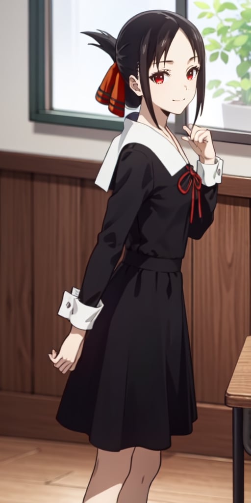 best quality, (masterpiece:1.2), detailed,
, shinomiya kaguya,
1girl, solo, closed mouth, light smile,
black hair, red eyes, short hair, folded ponytail, hair ribbon,
school uniform, black dress, long sleeves, red ribbon,
standing, looking at the viewer,
classroom