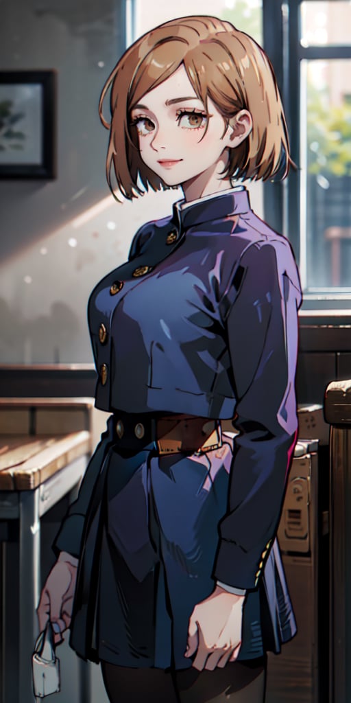 ((best quality)), ((highly detailed)), masterpiece, ((official art)), detailed face, beautiful face, (detailed eyes, deep eyes), (cowboy photo), nobara kugisaki, brown eyes, jujutsu kaisen, school uniform, blue jacket, blue skirt, brown belt, pantyhose, evil smile, from below, leaning forward landscape, interior, window, intricately detailed, hyper detailed, blurred background, depth of field, best quality, masterpiece, intricate details, tone mapping, sharp focus, hyper detailed, trending on Artstation, 1 girl, sideways, high resolution, official art, nobara kugisaki, portrait, SAM YANG
