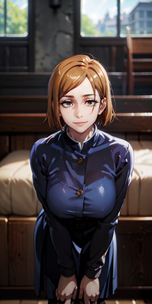 ((best quality)), ((highly detailed)), masterpiece, ((official art)), detailed face, beautiful face, (detailed eyes, deep eyes), (cowboy photo), nobara kugisaki, brown eyes, jujutsu kaisen, school uniform, blue jacket, blue skirt, brown belt, pantyhose, evil smile, from below, leaning forward landscape, interior, window, intricately detailed, hyper detailed, blurred background, depth of field, best quality, masterpiece, intricate details, tone mapping, sharp focus, hyper detailed, trending on Artstation, 1 girl, sideways, high resolution, official art, nobara kugisaki, portrait, SAM YANG
