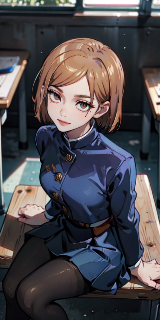 ((best quality)), ((highly detailed)), masterpiece, ((official art)), detailed face, beautiful face, (detailed eyes, deep eyes), (cowboy photo), nobara kugisaki, brown eyes, jujutsu kaisen, school uniform, blue jacket, blue skirt, brown belt, pantyhose, evil smile, from above, leaning landscape, interior, window, intricately detailed, hyper detailed, blurred background, depth of field, best quality, masterpiece, intricate details, tone mapping, sharp focus, hyper detailed, trending on Artstation, 1 girl, sideways, high resolution, official art, nobara kugisaki, portrait, sitting, looking at viewer, sitting at a desk, hands resting on desk, legs crossed, head bowedSAM YANG