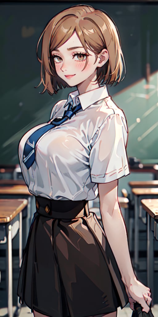 ((best quality)), ((highly detailed)), masterpiece, ((official art)), detailed face, beautiful face, (detailed eyes, deep eyes), (cowboy photo), nobara kugisaki, brown eyes, (smile), (confident), (neck), schoolgirl, classroom, tie, skirt, (big breasts), ((narrow_waist)), (high-waist skirt:1.2), school uniform, tight shirt, pleated skirt , blush, arms behind the back, white shirt, tucked in shirt, cowboy shot, short sleeves, front view, upper body, intricately detailed, hyper detailed, blurred background, depth of field, best quality, masterpiece, intricate details, tone mapping, sharp focus, hyper detailed, trending on Artstation, 1 girl, high resolution, official art,