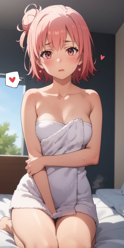 masterpiece, best quality, highres, BREAK, (spoken hearts:1.2),(sweat:1.1),(deep breathe:1.2),(steam:1.2) ,on bed BREAK ,  1girl, naked towel, , yui, pink hair, short hair, side hair bun, pink eyes,
