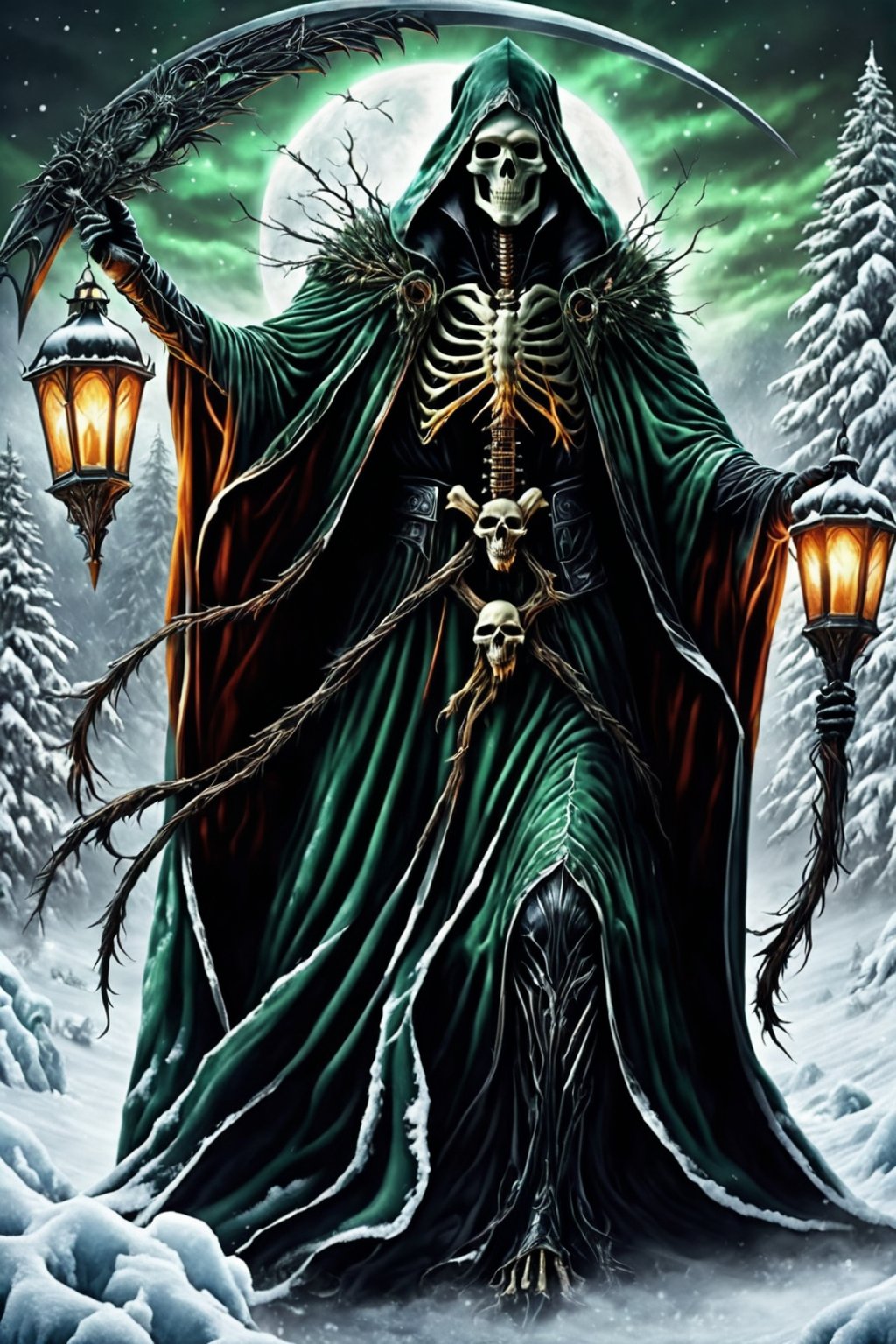 draw the grim reaper in a frozen winter enjoying Christmas and receiving a gift,  the grim reaper looks happy to receive t...