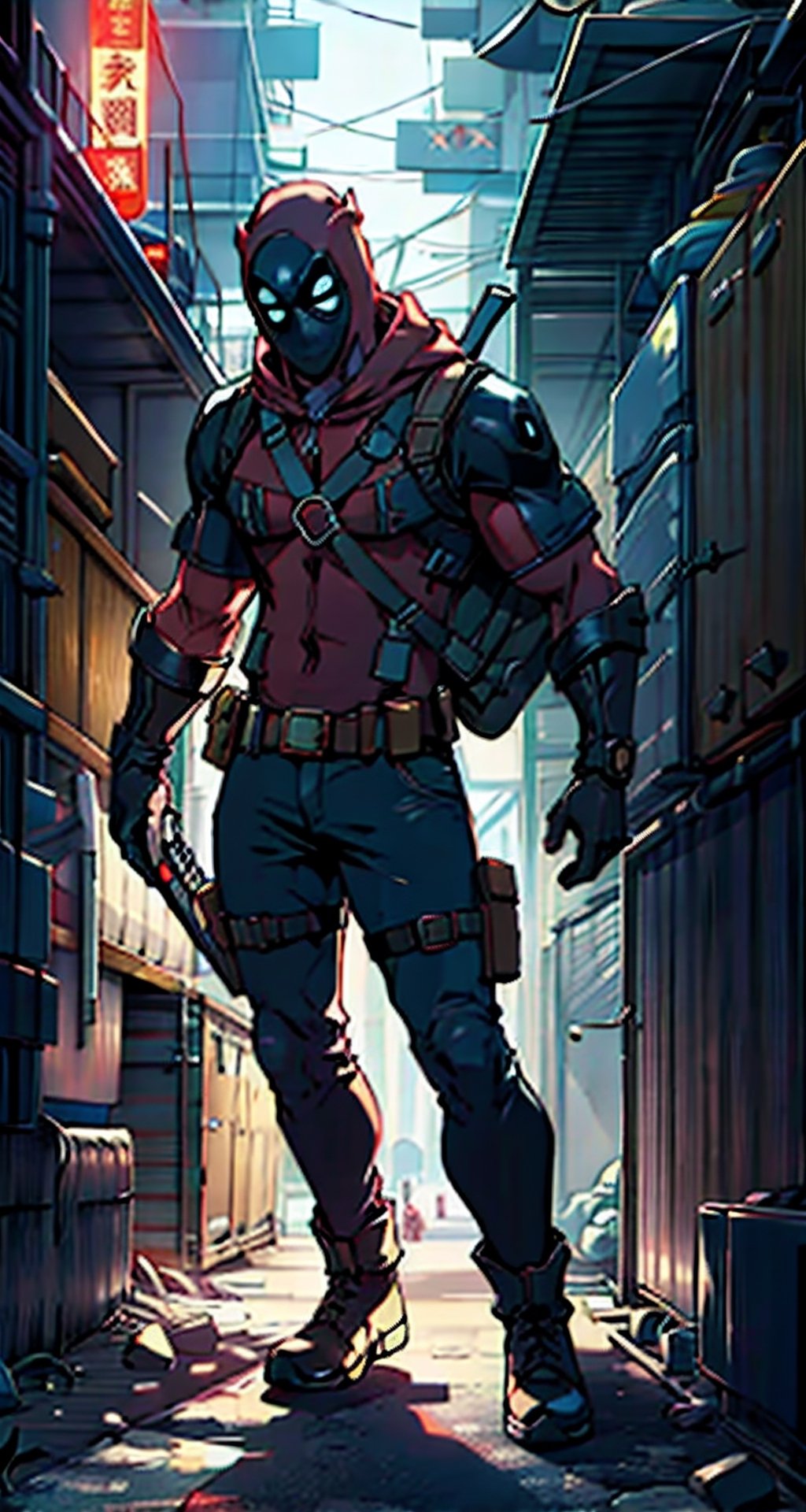 Create the character Deadpool from Marvel Comics, full body, the character must carry a 36 caliber magnun weapon and a gold dagger in the other hand, his suit is crimson red with black parts, his pants are jet black, the mask must be crimson red and white in the eyes, his belt must have an "X" as a buckle, the background must be an exploding tank, 
24.1 megapixel, 1053 focus point, 4150k dots screen resolution, (8K, RAWphoto, ultra-best quality, masterpiece: 1.2), (realistic, photo- realistic:1.37), ultra-detailed, ultra-realistic, professional lighting, photon mapping, radiosity, physically-based rendering, highly detailed, digital photography, cinematographic lighting, rendering photography, rendering photo, Color magic,Saturated colors, ,kofune_ushio